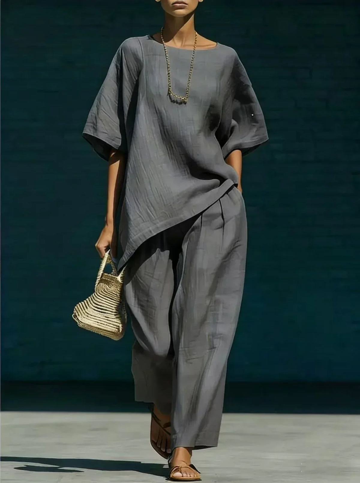 Boat Neck Short Sleeve Top and Wide Leg Pants Two Piece Set 7