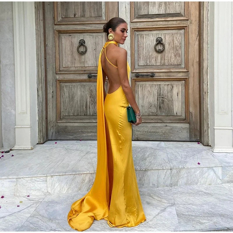 Yellow Satin Backless Lace - Up Off - Shoulder Maxi Dress - View 8