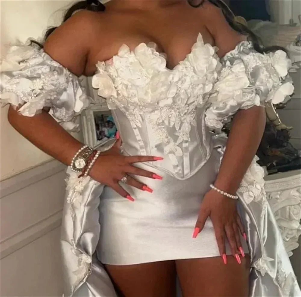 Satin Off Shoulder Puff Sleeve Corset High Low Mini Dress - View 2