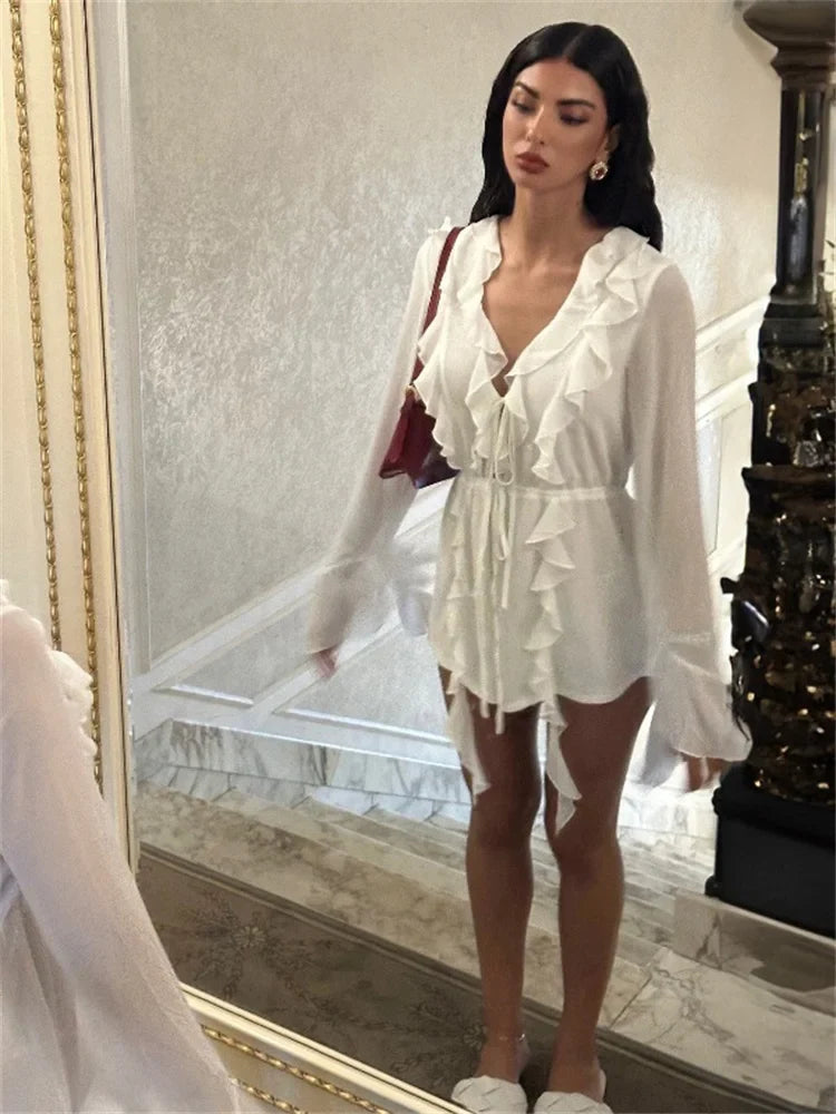Chiffon Deep V-Neck Long Sleeve Ruffle Lace Up Mini Dress - View 4
