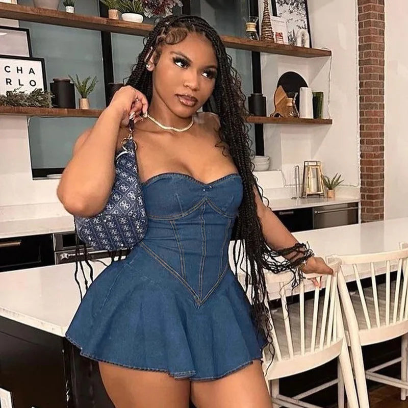 Strapless Denim Corset Sweetheart Pleated Ruffle Mini Dress - View 3