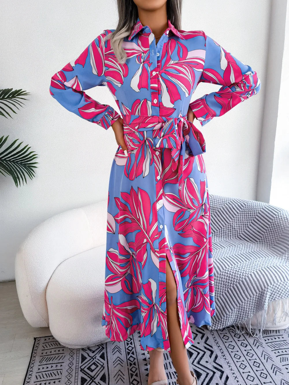 Floral Long Sleeve Belted Button Front Shirt Dress 3