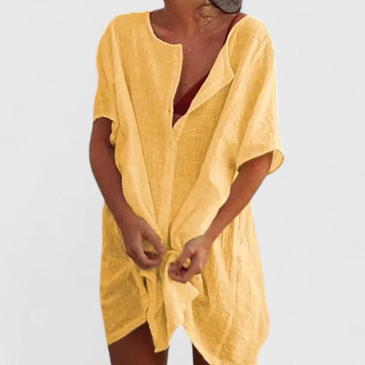 Button Front Short Sleeve Linen Look Shirt Dress 11