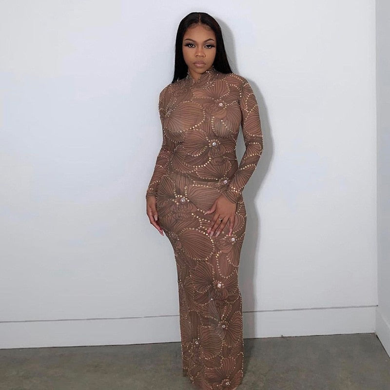 Crew Neck Long Sleeve Rhinestone Mesh Bodycon Maxi Dress 6