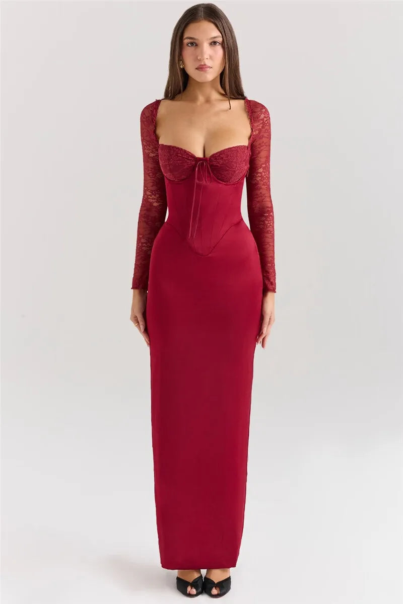 Square Collar Lace - Up Backless Long Sleeve Maxi Dress - View 3