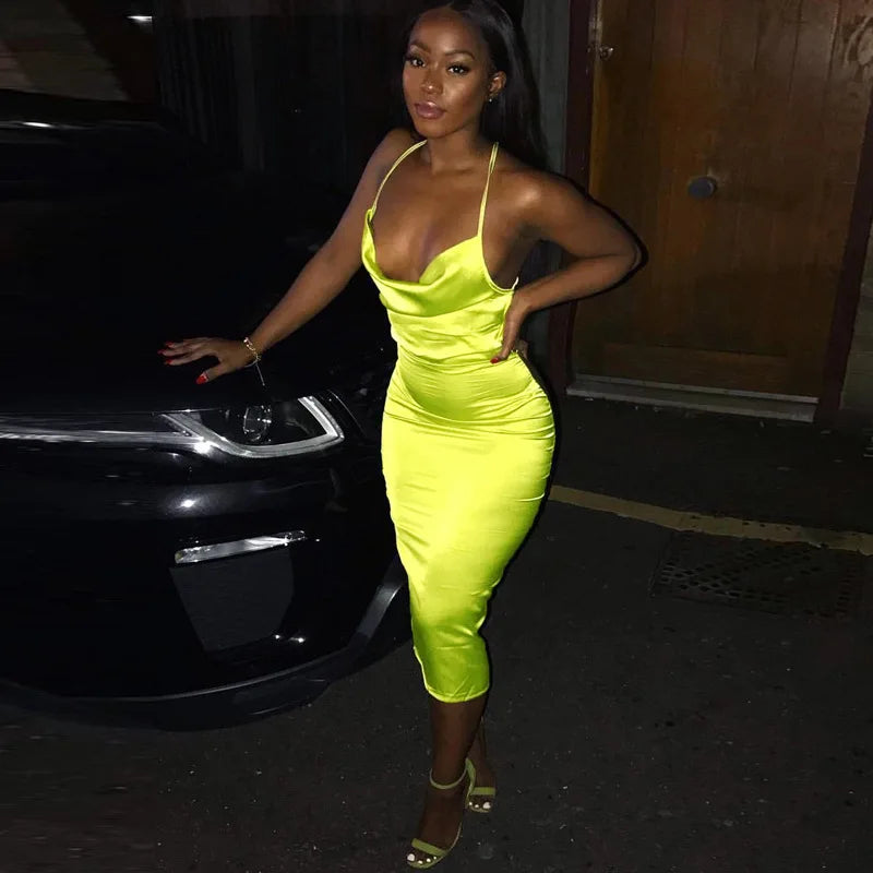 Neon Satin Lace Up Backless Midi Dress in Pink - View 4