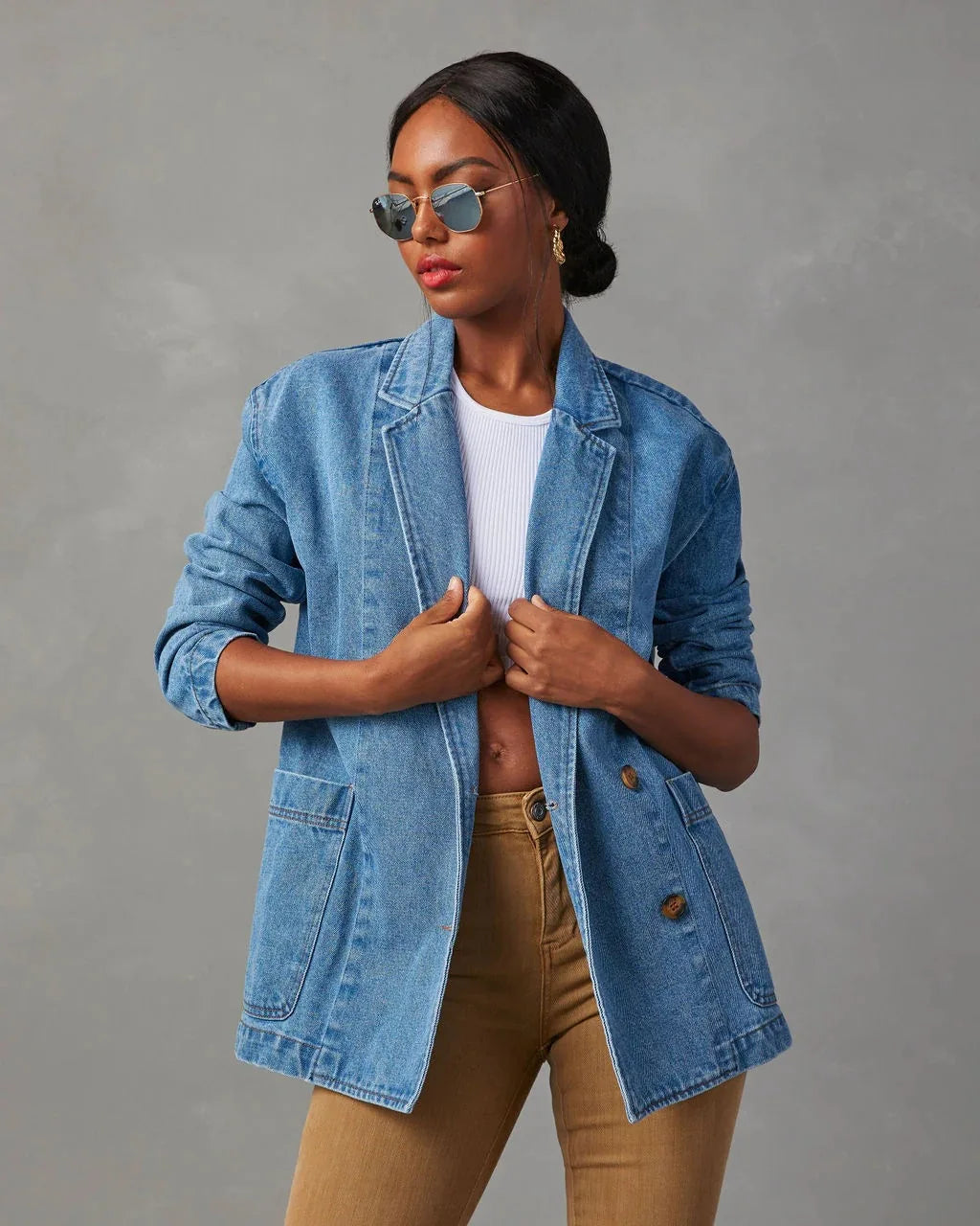 Notched Lapel Button Front Oversized Denim Jacket 6