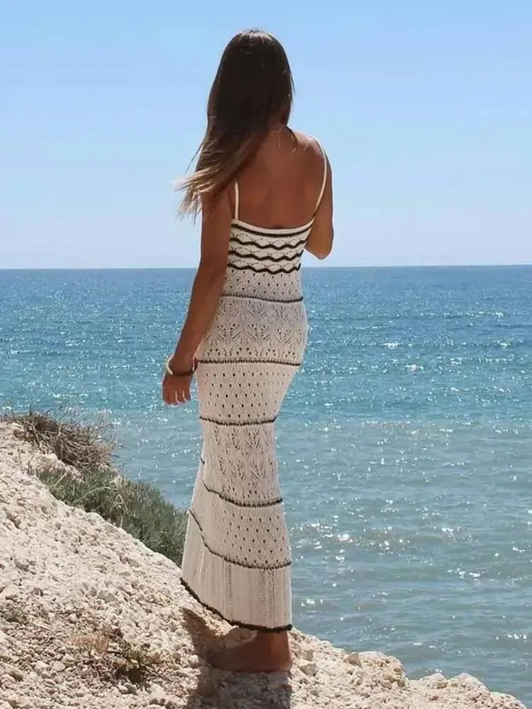 Crochet Striped Spaghetti Strap V-Neck Pointelle Bodycon Maxi Dress - View 4