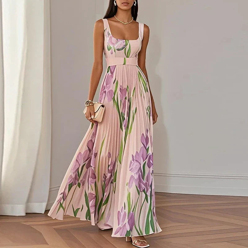 Floral Square Neck Sleeveless Pleated A-Line Maxi Dress 2