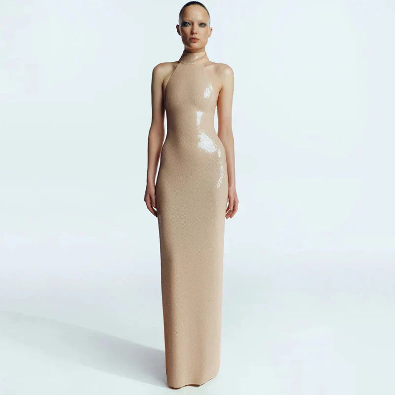 Sequin Halter Neck Bodycon High Split Maxi Dress - View 9