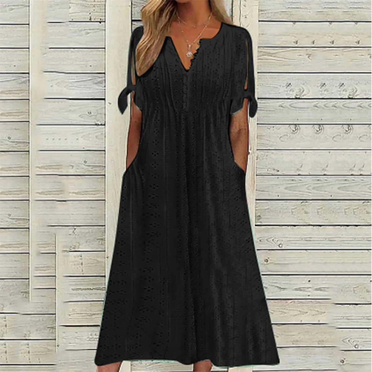 Eyelet Hollow Out V-Neck Button Front Tie Cuff A-Line Midi Dress - View 6