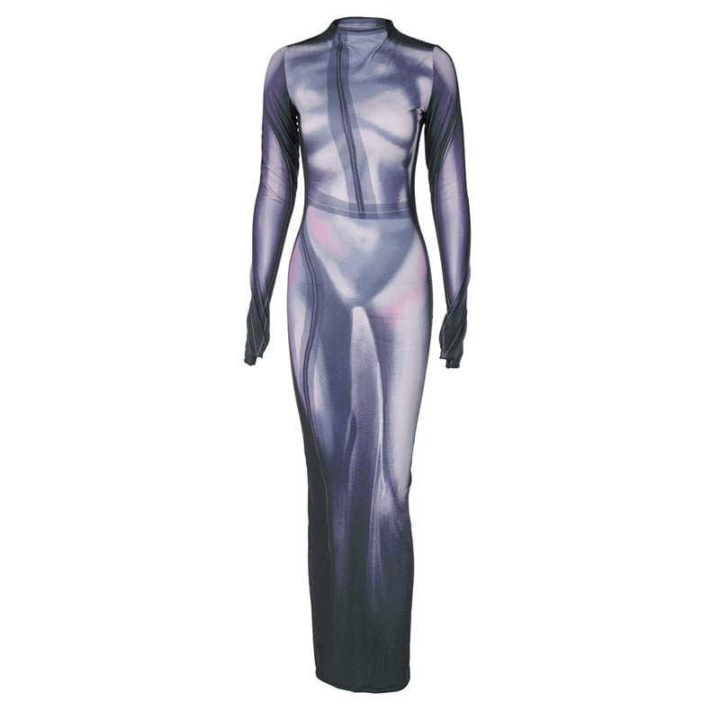 Mock Neck Long Sleeve Body Print Bodycon Maxi Dress 6