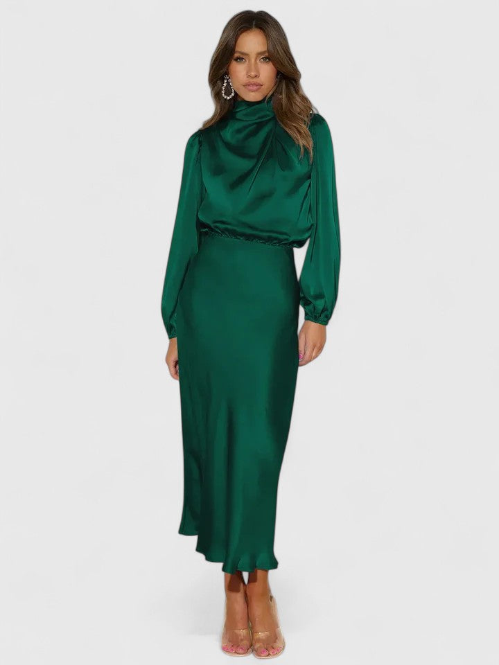 Satin High Neck Long Sleeve Blouson Midi Dress 5