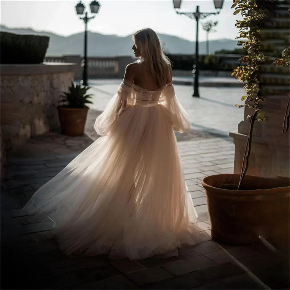 Off Shoulder Puff Sleeve Floral Applique Tulle Prom Gown - View 2