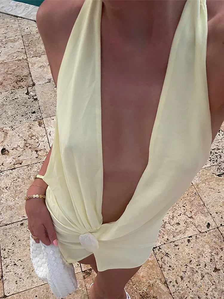 Halter Neck Deep V-Neck Backless Knot Front Mini Dress - View 5