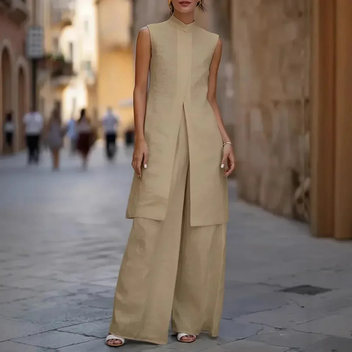 Stand Collar Sleeveless Split Longline Top and Wide Leg Pants Two Piece Set 2