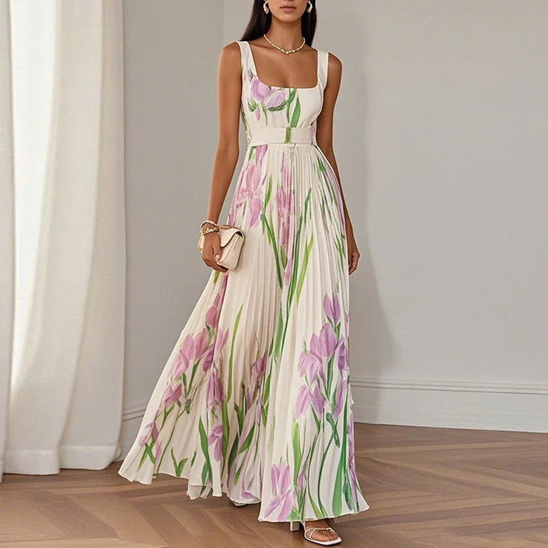 Floral Square Neck Sleeveless Pleated A-Line Maxi Dress 3