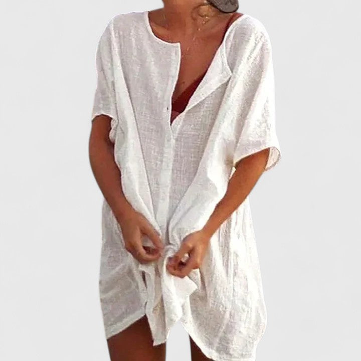 Button Front Short Sleeve Linen Look Shirt Dress 12
