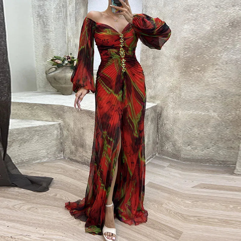 Pleated Off Shoulder Puff Sleeve Rhinestone Ruched Maxi Gown - View 4