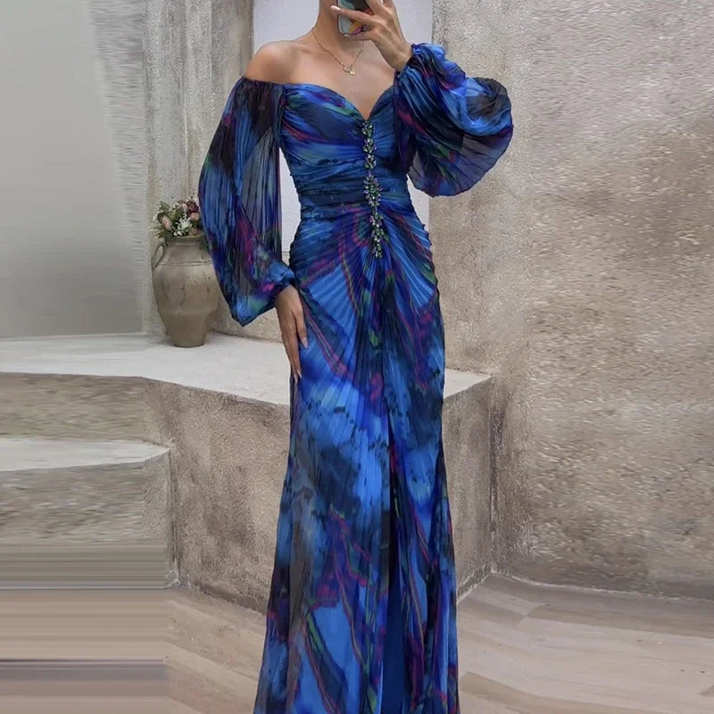 Pleated Off Shoulder Puff Sleeve Rhinestone Ruched Maxi Gown - View 2