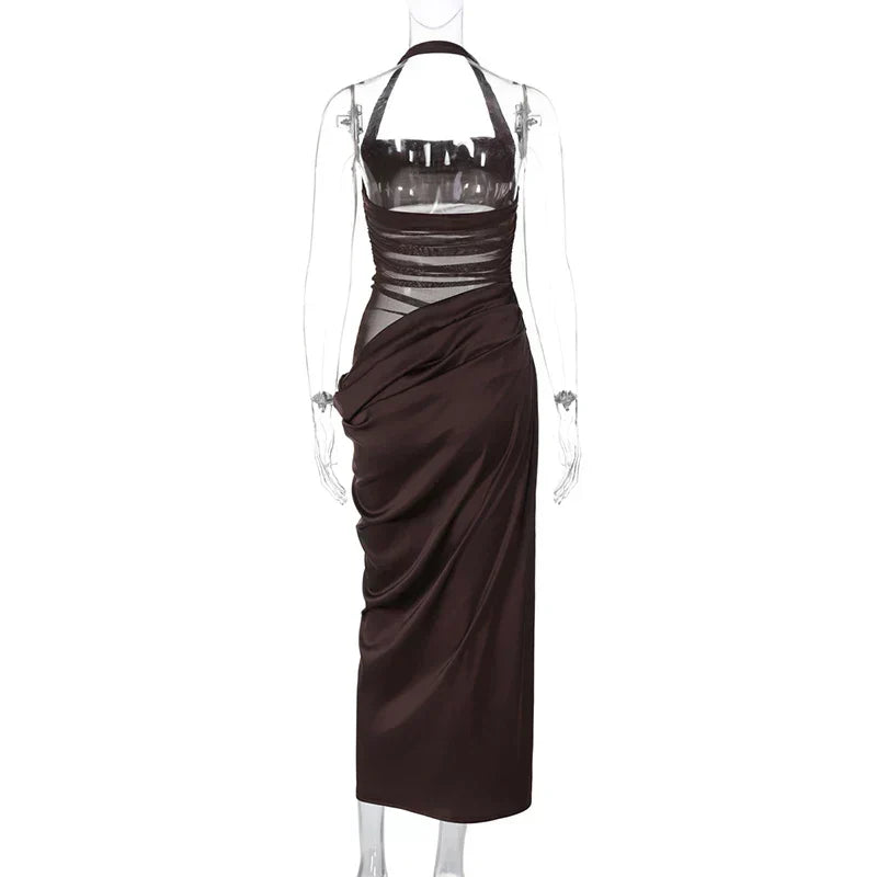Mesh Halter Neck Backless Ruched Bodycon Maxi Dress - View 4