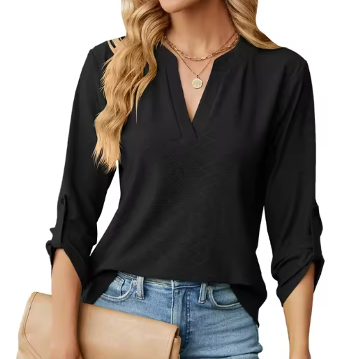 Split Neck Long Sleeve Textured Blouse 3