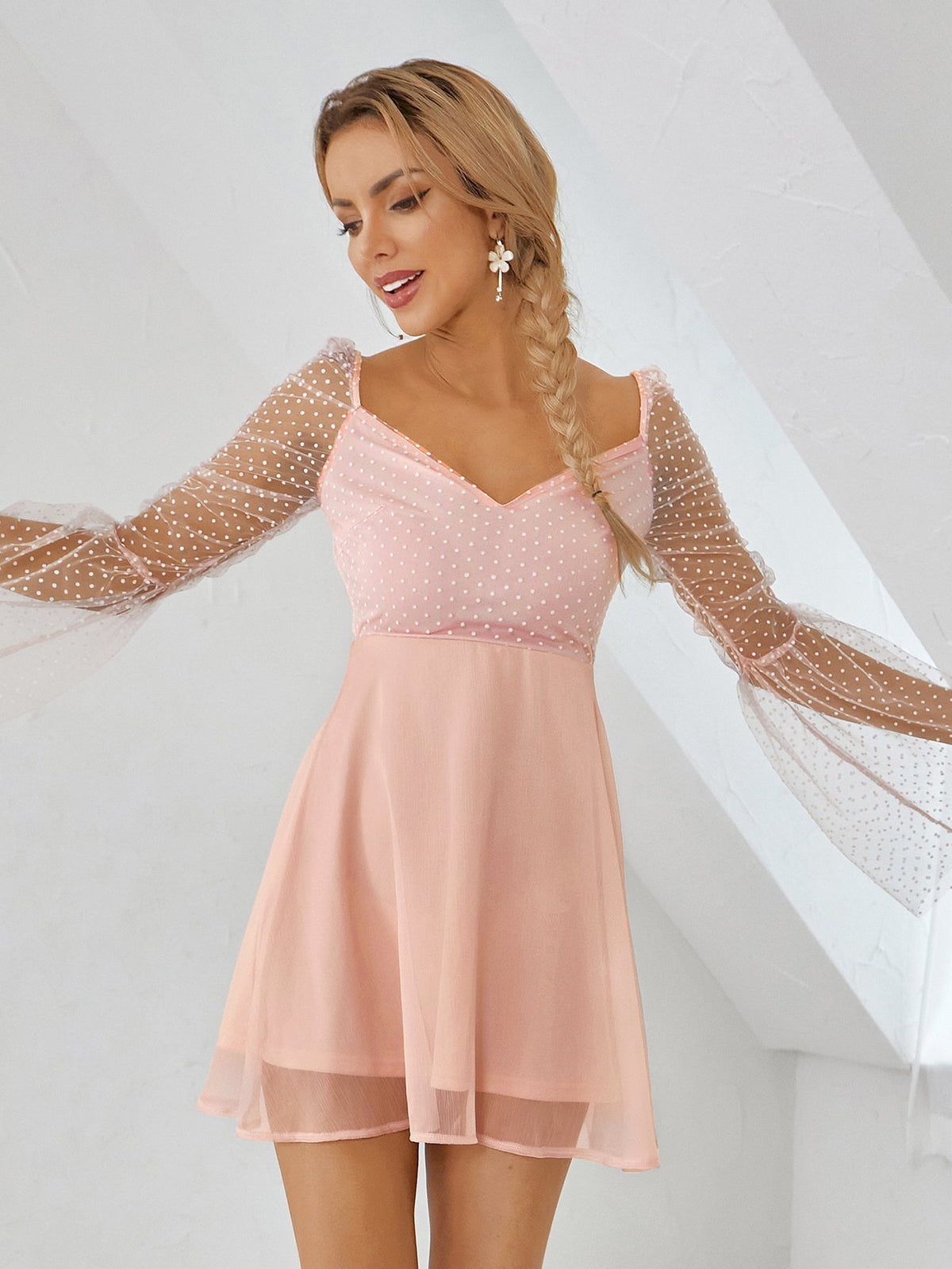 Swiss Dot Mesh Deep V-Neck Ruched Bell Sleeve Fit and Flare Mini Dress - View 7