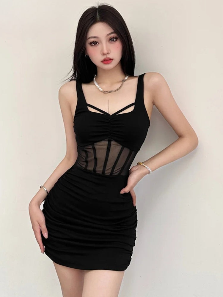 Mesh Corset Waist Cross Strap Ruched Bodycon Mini Dress - View 3