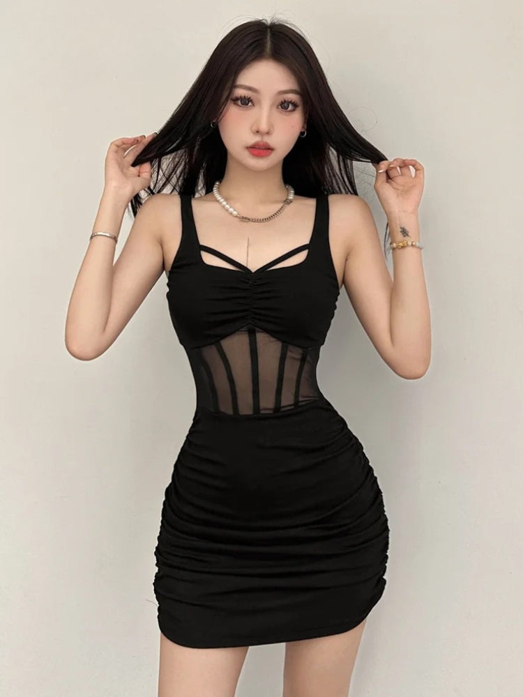 Mesh Corset Waist Cross Strap Ruched Bodycon Mini Dress