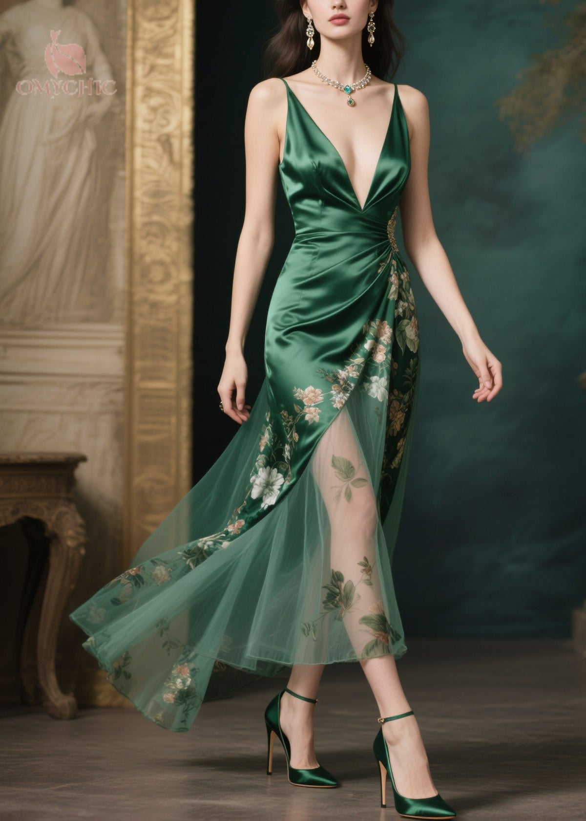 Spaghetti Strap Deep V-Neck Floral Tulle Overlay High Split Maxi Gown