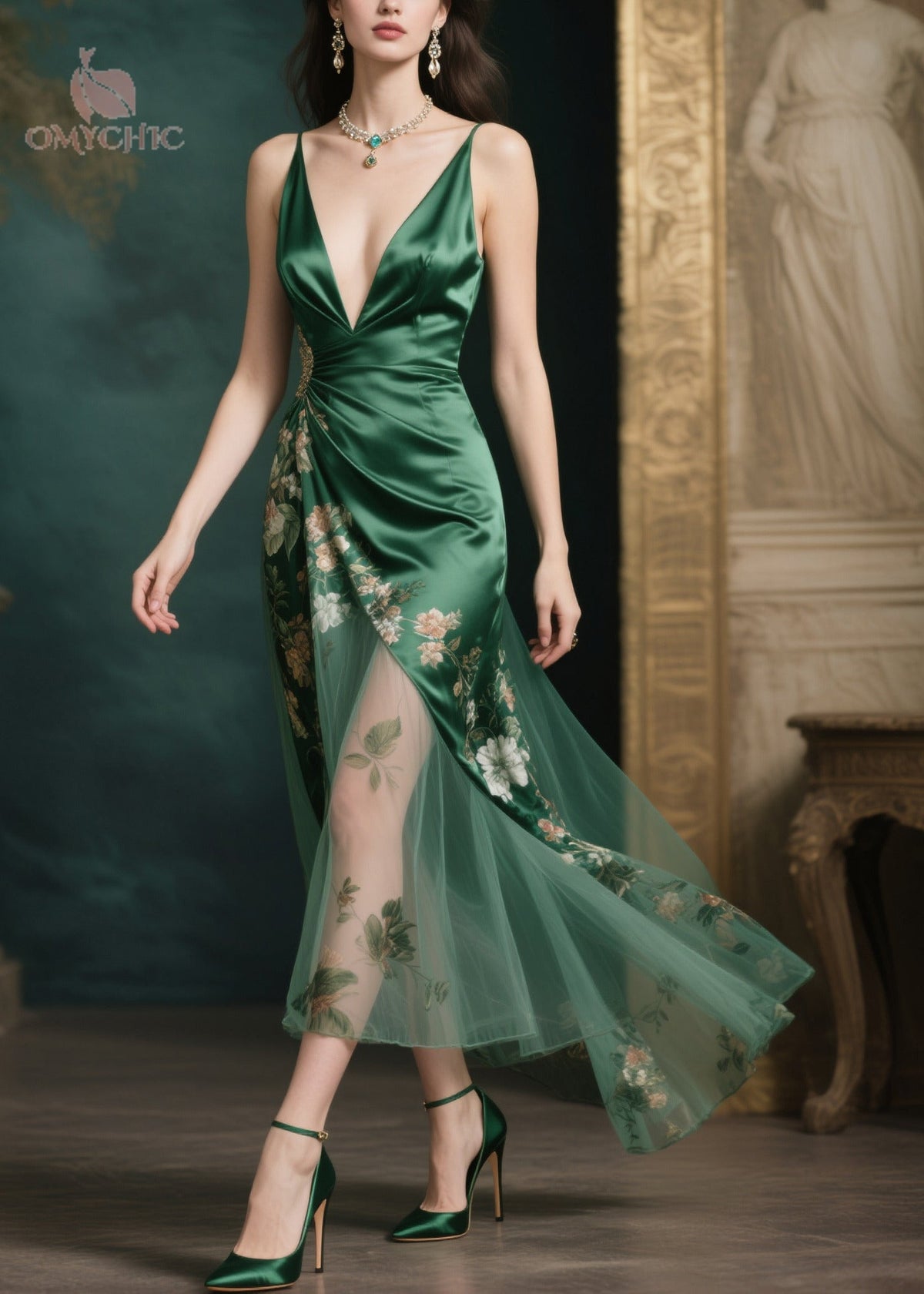 Spaghetti Strap Deep V-Neck Floral Tulle Overlay High Split Maxi Gown - View 3