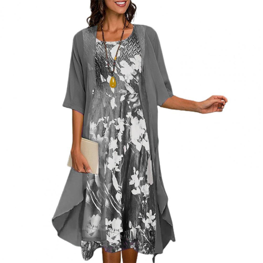 Floral Print Round Neck Midi Sheer Open Front Cardigan Set - View 3