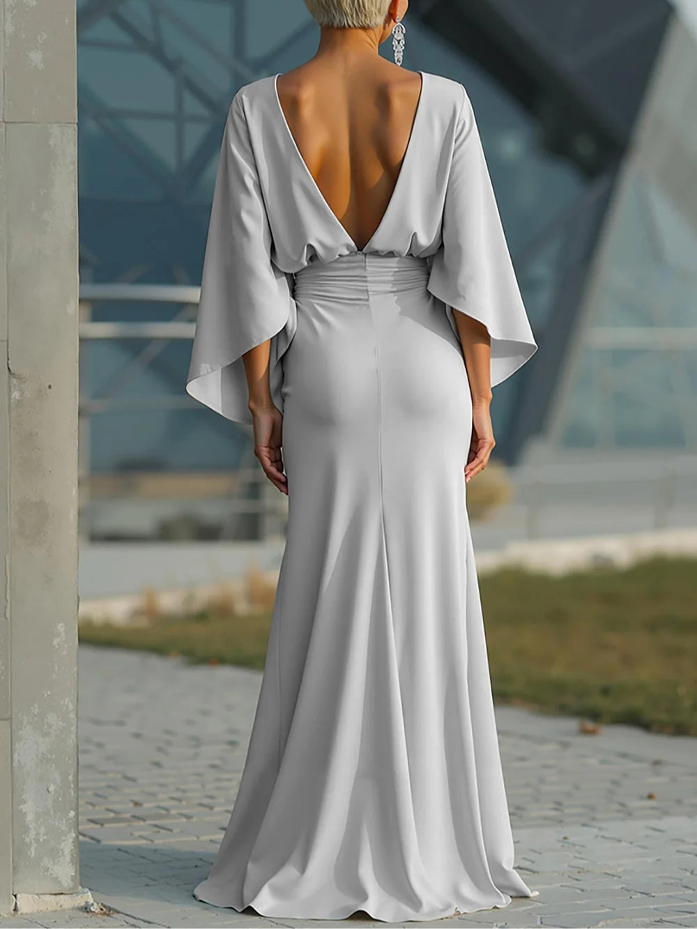 Satin Boat Neck Cape Sleeve Ruched Mermaid Maxi Dress 3