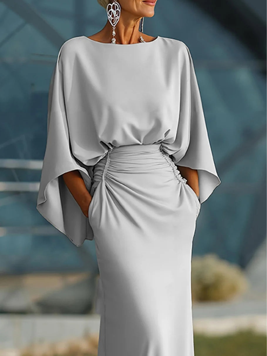 Satin Boat Neck Cape Sleeve Ruched Mermaid Maxi Dress 4