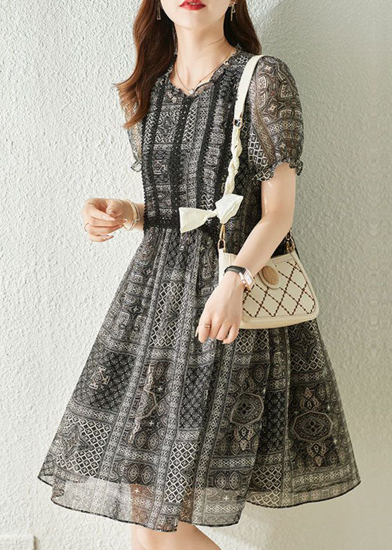 Chiffon Geometric Print Round Neck Puff Sleeve A-Line Midi Dress - View 2