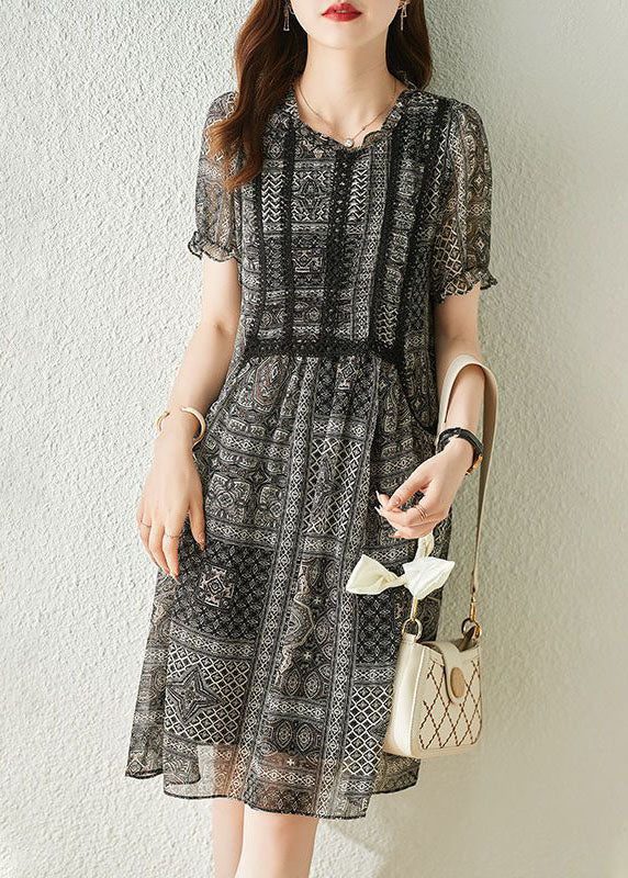 Chiffon Geometric Print Round Neck Puff Sleeve A-Line Midi Dress - View 3