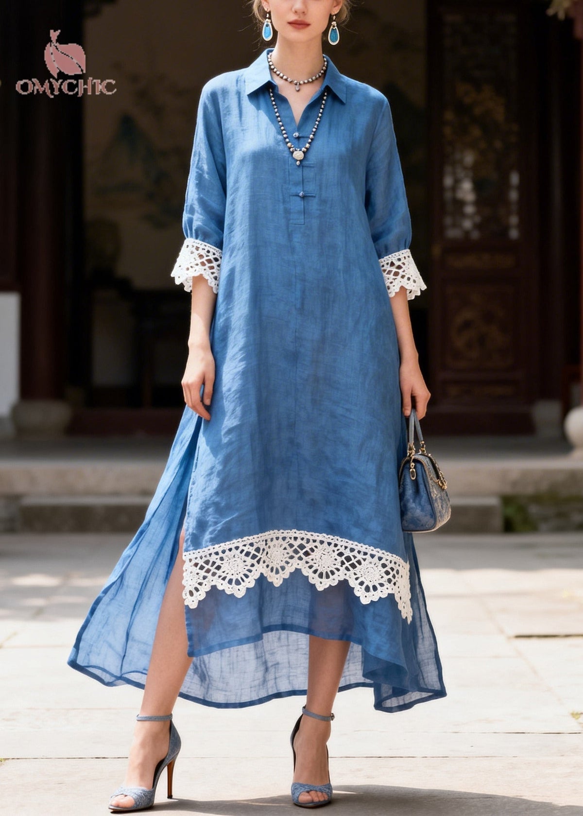 Lace Trim Collar Button Front Three Quarter Maxi Shirt Dress - View 3