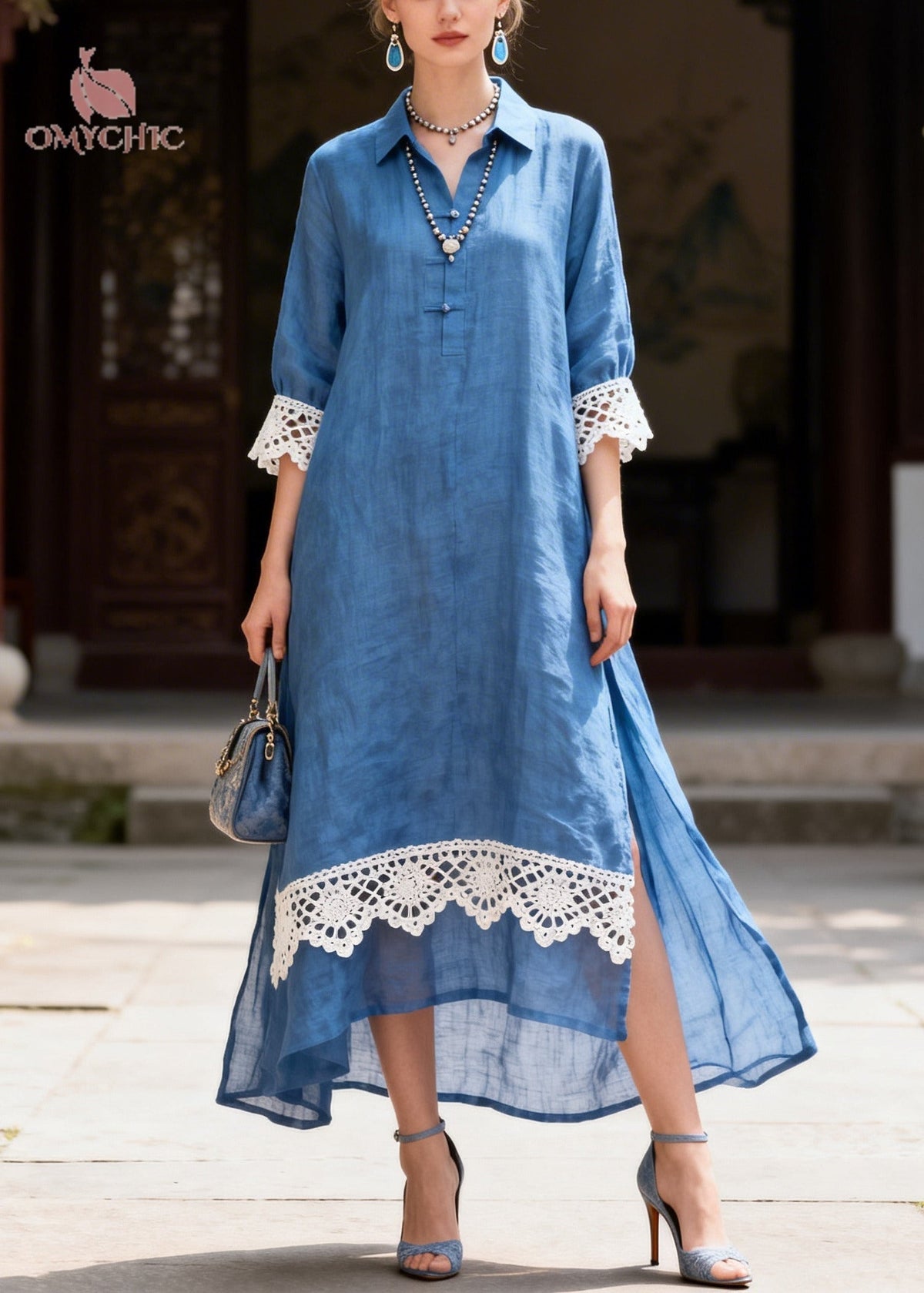 Lace Trim Collar Button Front Three Quarter Maxi Shirt Dress - View 5