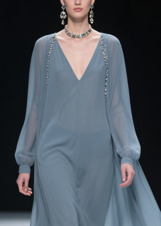 Chiffon Deep V-Neck Long Sleeve Beaded Cape Overlay Maxi Gown - View 2