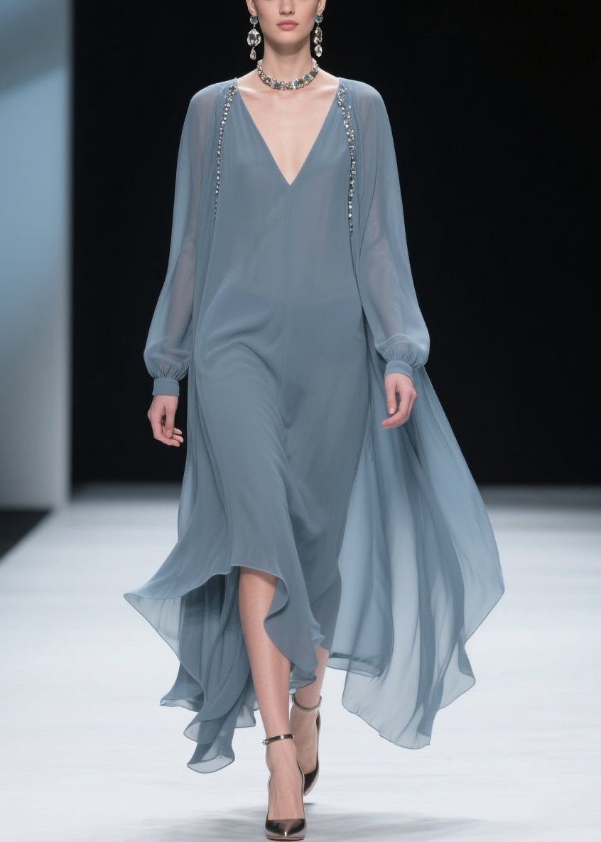 Chiffon Deep V-Neck Long Sleeve Beaded Cape Overlay Maxi Gown - View 5
