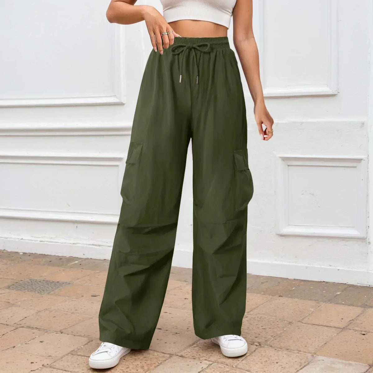 High Waist Drawstring Wide Leg Cargo Parachute Pants 2