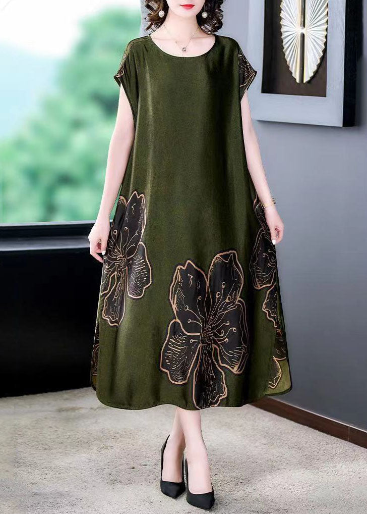 Satin Round Neck Short Sleeve Large Floral Print Shift Midi Dress - View 2