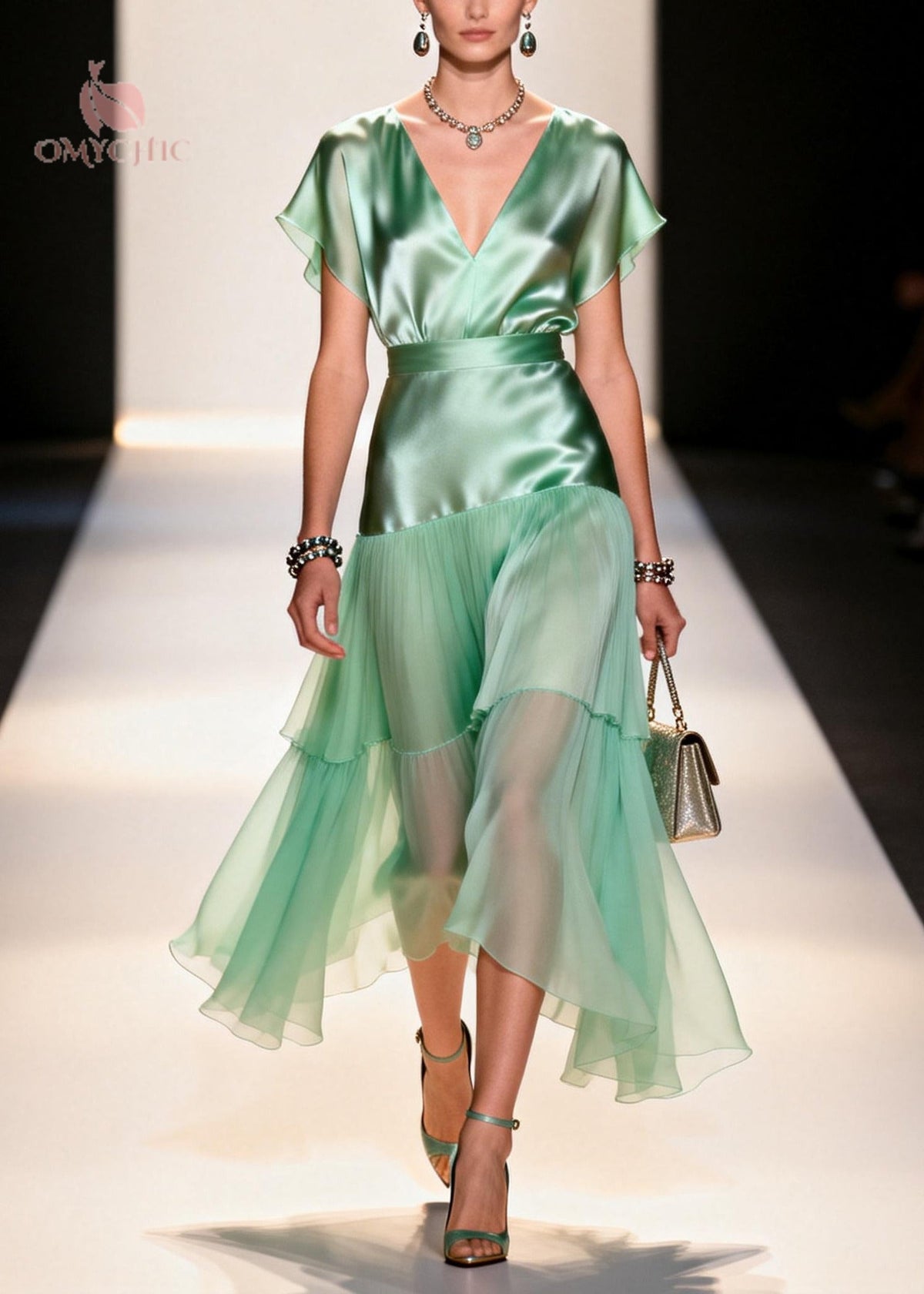 Satin Bodice Chiffon Tiered Pleated Flutter Sleeve Midi Dress - View 5