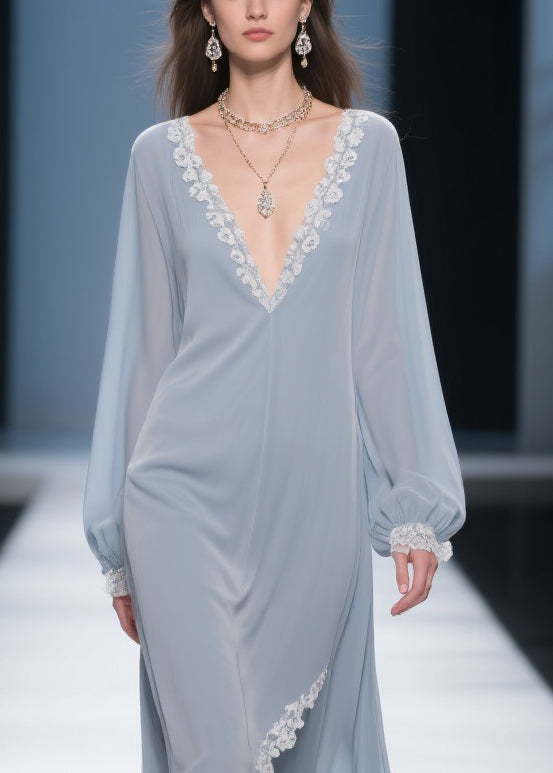 Lace Trim Chiffon Deep V-Neck Bishop Sleeve Wrap High Low Maxi Gown - View 2