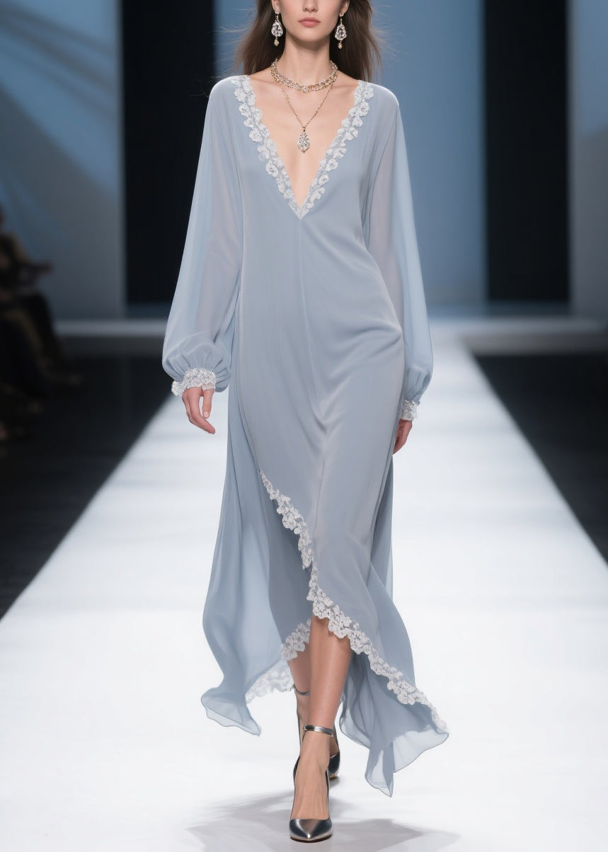 Lace Trim Chiffon Deep V-Neck Bishop Sleeve Wrap High Low Maxi Gown - View 3