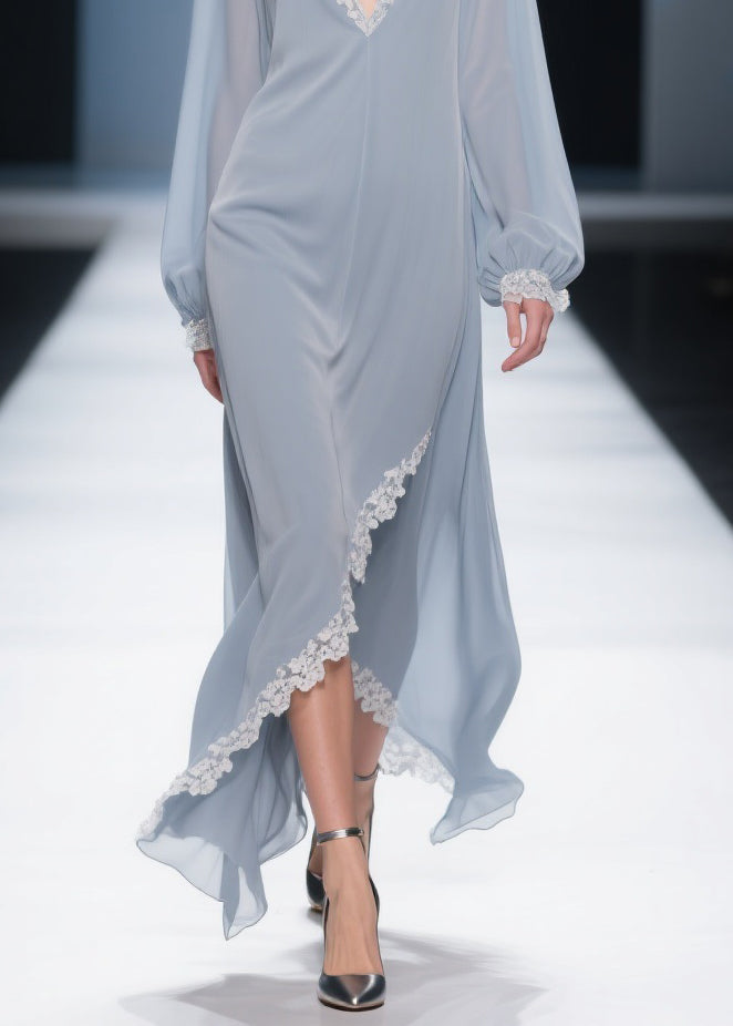 Lace Trim Chiffon Deep V-Neck Bishop Sleeve Wrap High Low Maxi Gown - View 4