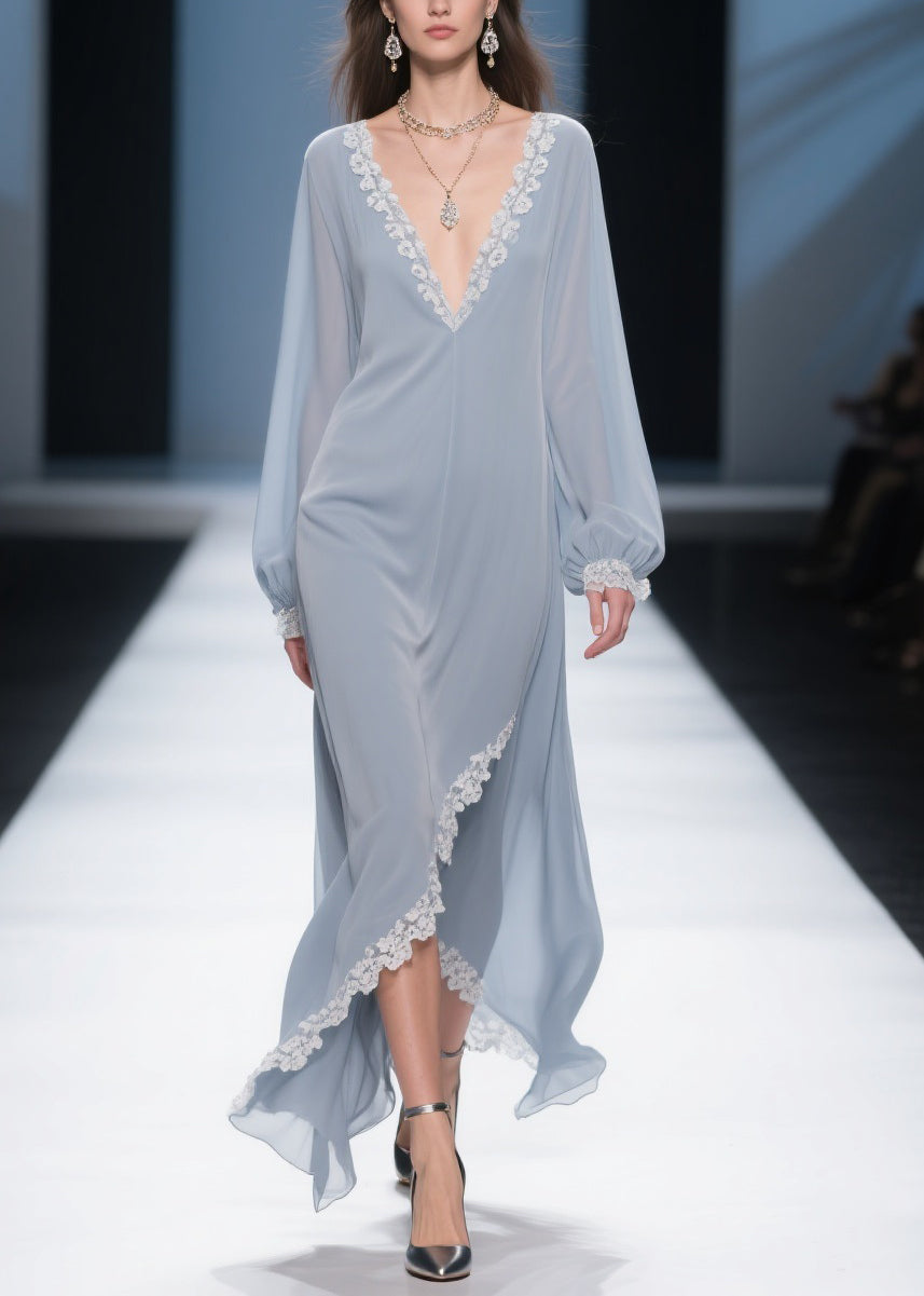 Lace Trim Chiffon Deep V-Neck Bishop Sleeve Wrap High Low Maxi Gown - View 5