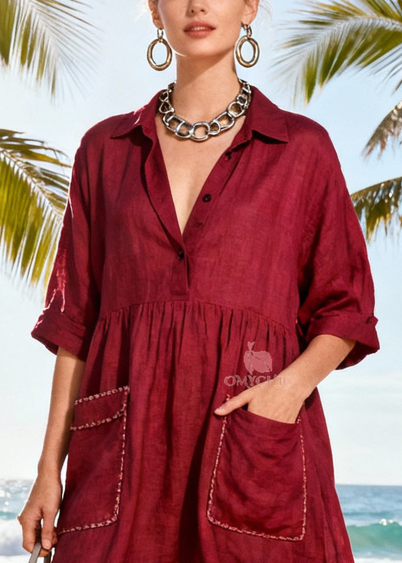Collar V-Neck Three Quarter Sleeve Empire Waist Shirt Dress - View 2
