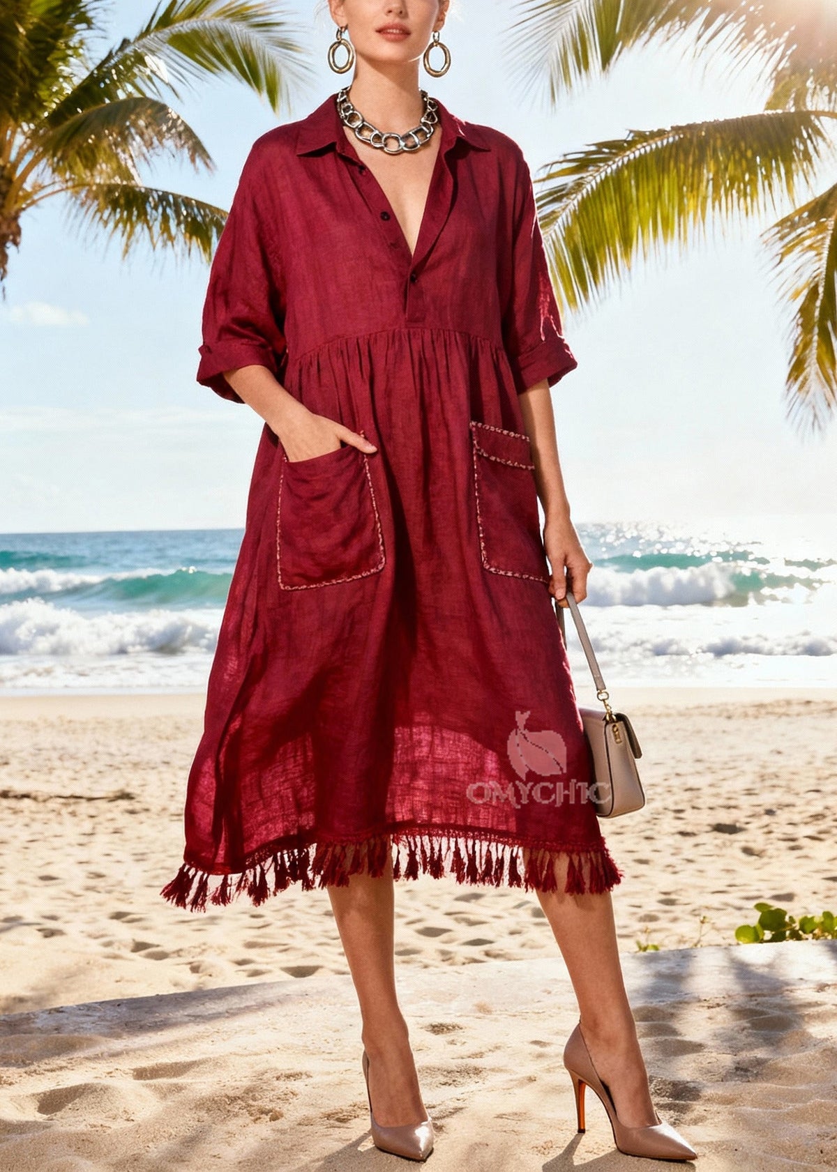 Collar V-Neck Three Quarter Sleeve Empire Waist Shirt Dress - View 3