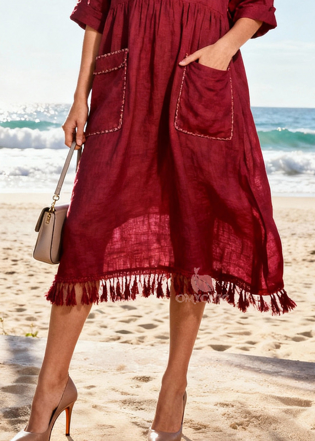Collar V-Neck Three Quarter Sleeve Empire Waist Shirt Dress - View 4